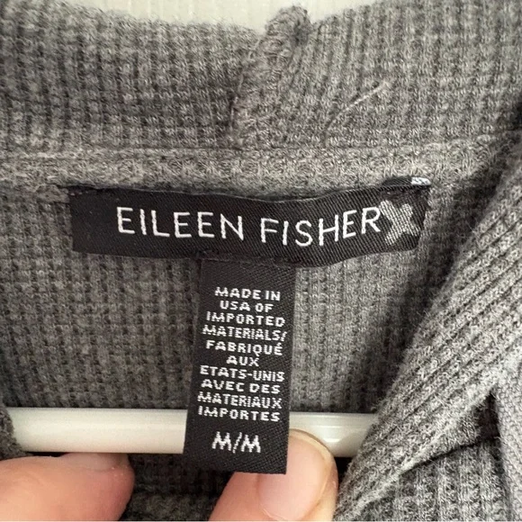 Eileen Fisher Gray Waffle Knit Hooded Top Size M Cozy Minimalist - Picture 2 of 3